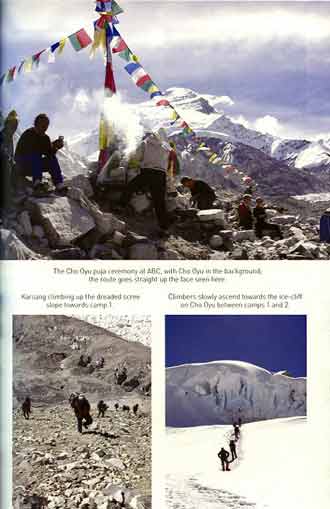 
Top: The Cho Oyu puja ceremony at ABC. LL: Climbing up scree slope to Camp1. LR: Ice cliff on Cho Oyu between camps 1 and 2. - Legs On Everest book
